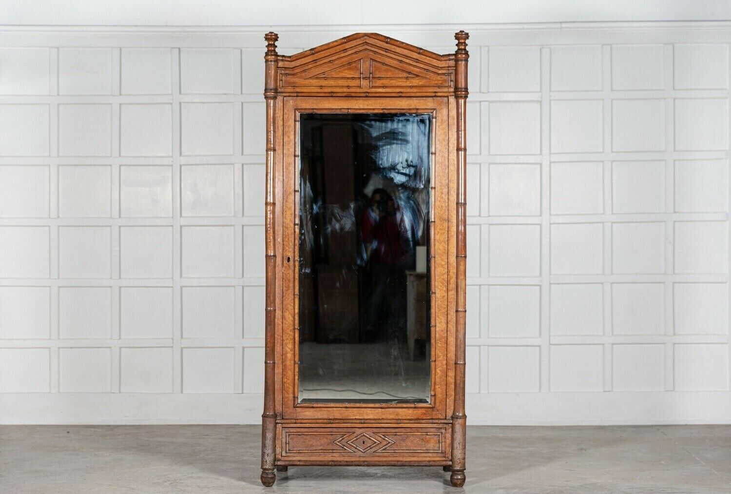 19thc French Faux Bamboo Walnut Mirrored Armoire
