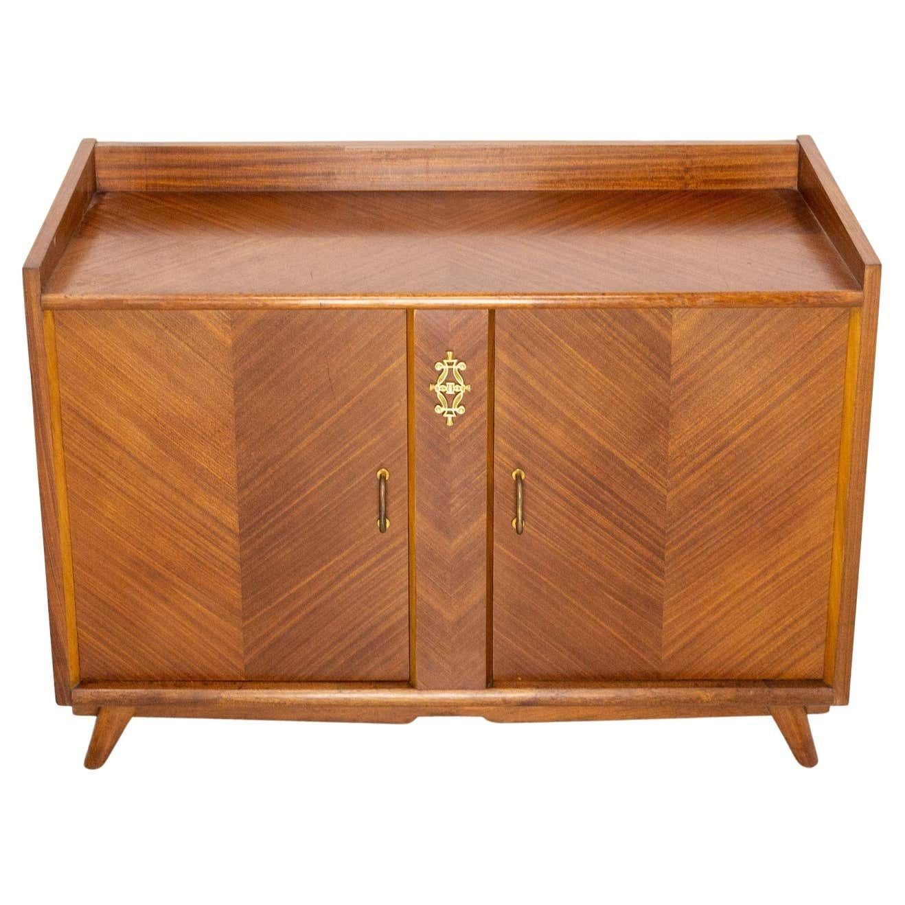 French Vintage Bar Cocktail Cabinet Iroko Veneer And Brass, Mid Century