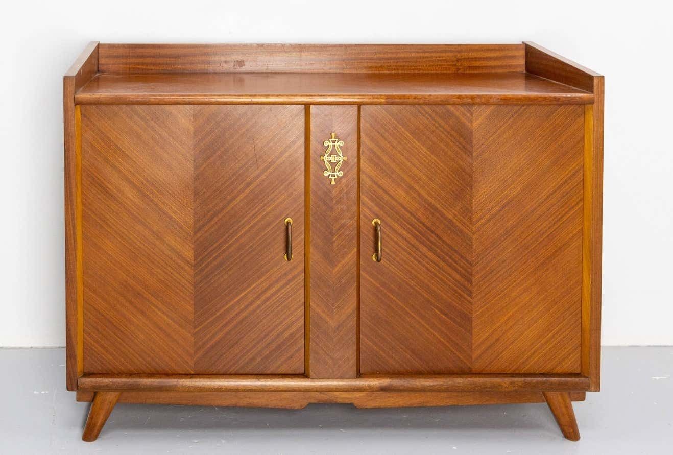 French Vintage Bar Cocktail Cabinet Iroko Veneer And Brass, Mid Century photo furniture