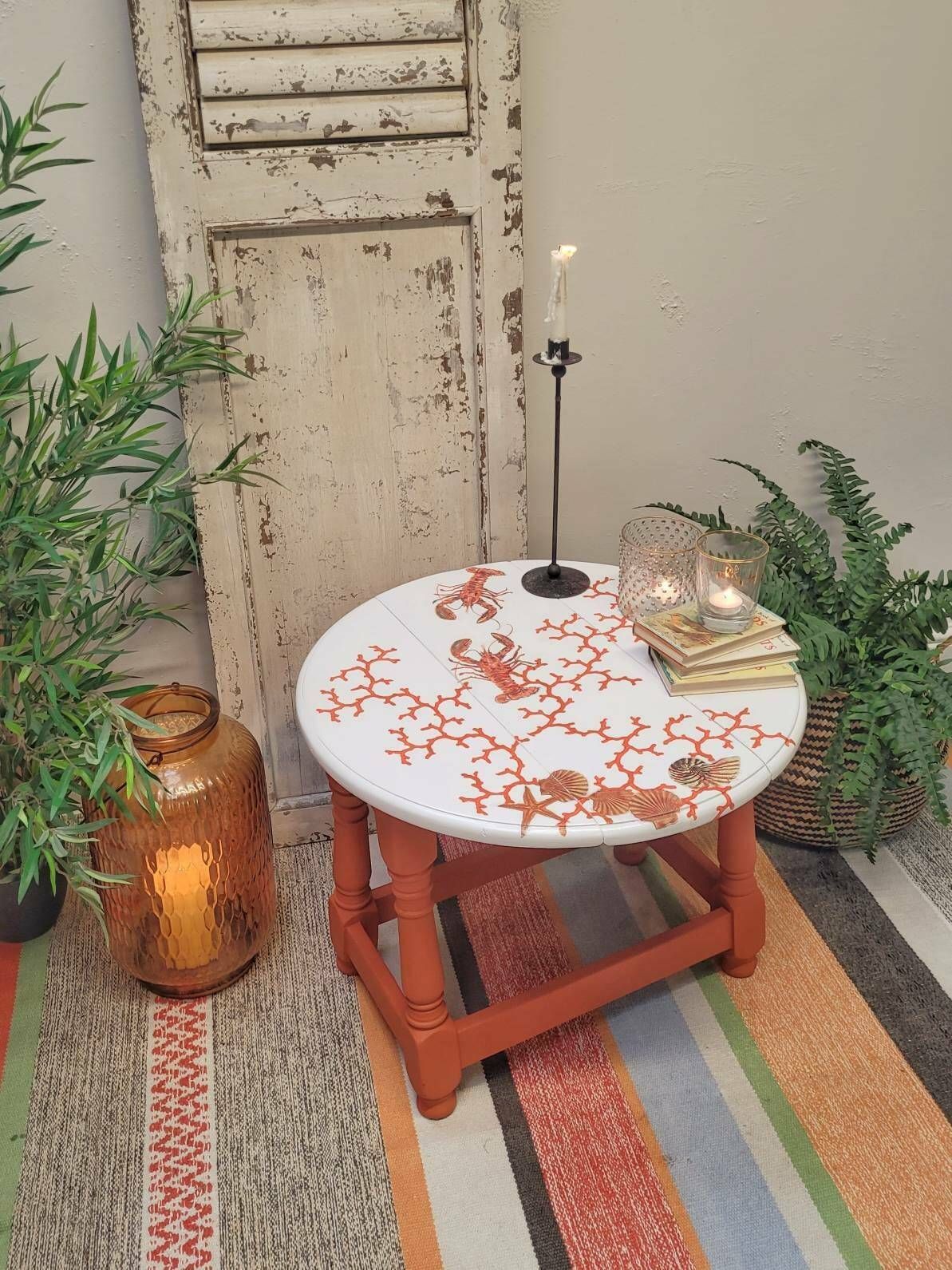 Coffee Table   Occasional Table Side Table Folding Table Nautical Style Lobster Coral   Shells Orange Decoupage Design