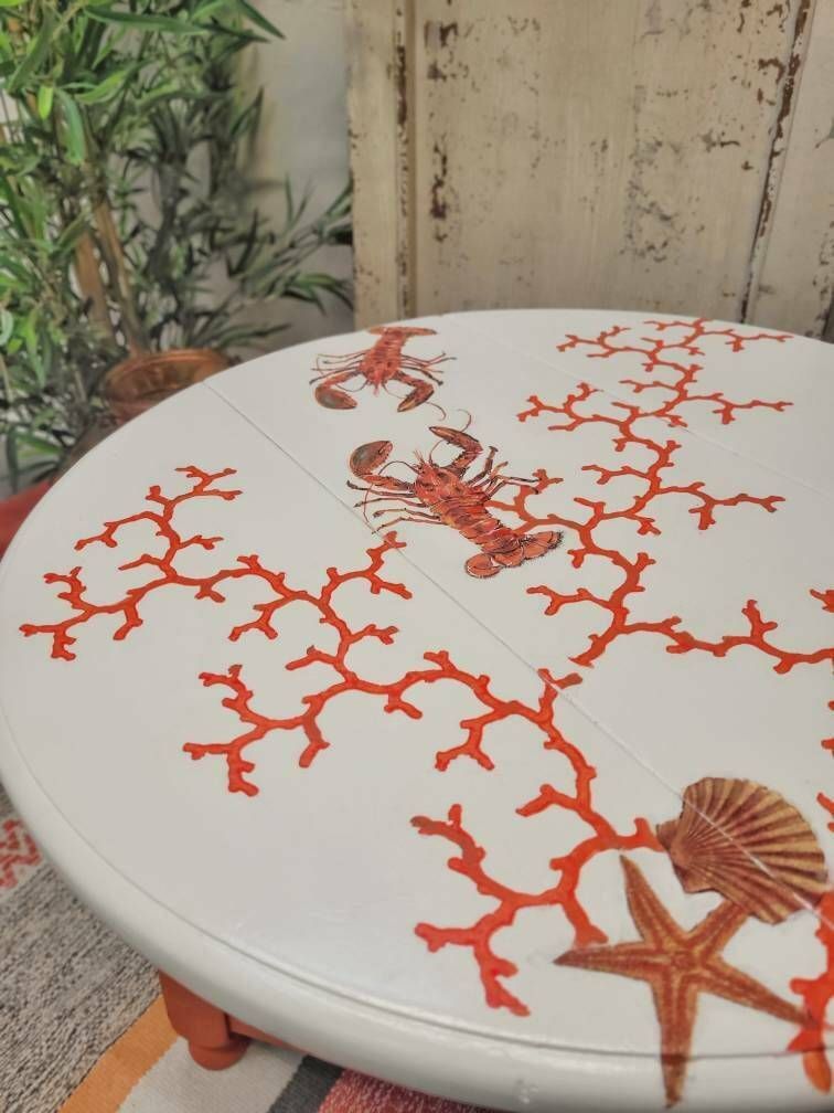 Coffee Table   Occasional Table Side Table Folding Table Nautical Style Lobster Coral   Shells Orange Decoupage Design photo for sale