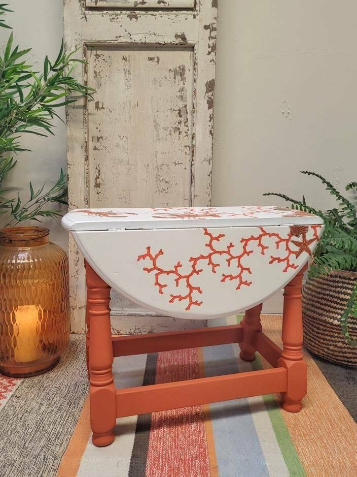 Coffee Table   Occasional Table Side Table Folding Table Nautical Style Lobster Coral   Shells Orange Decoupage Design photo Furniture