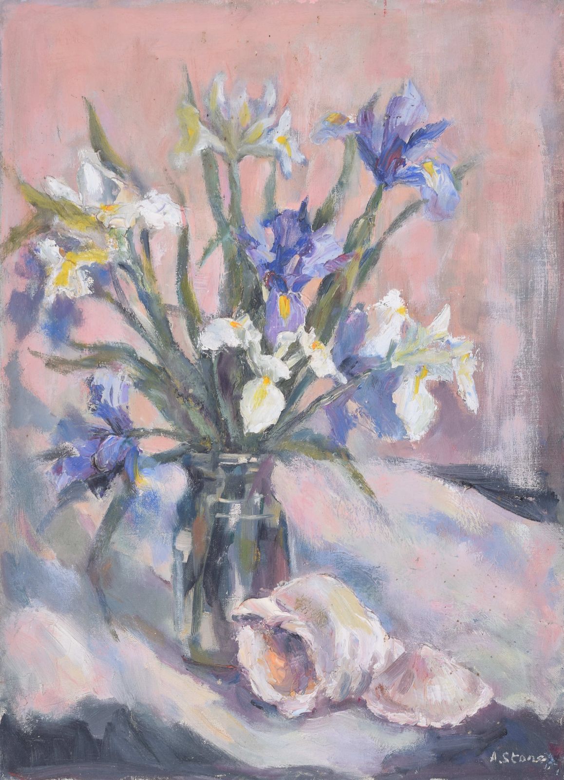 Irises Mid 20th Century Flowers Oil Painting By Angela Stones