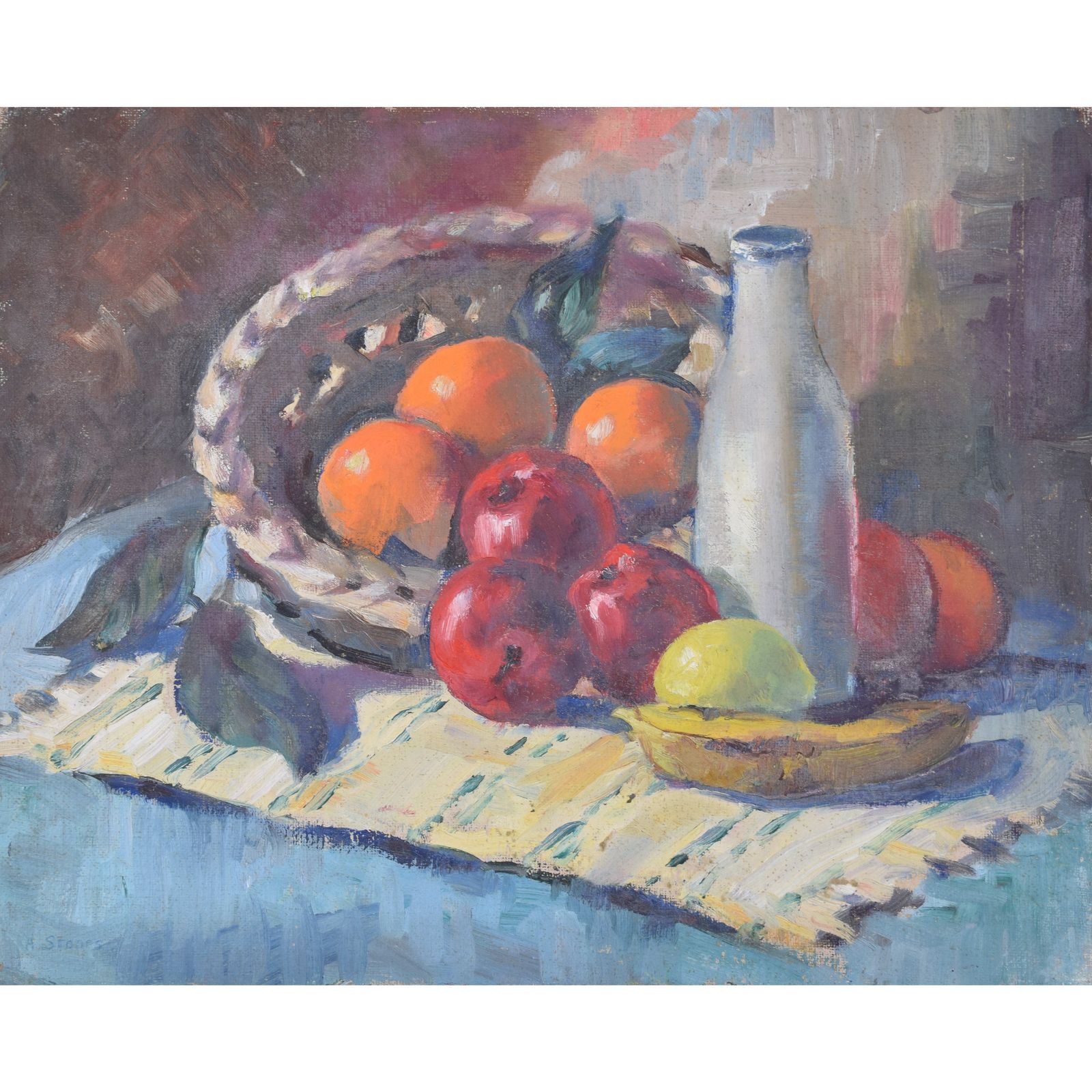 Still Life With Fruit And Milk Bottle 20th Century Oil Painting By Angela Stones photo furniture
