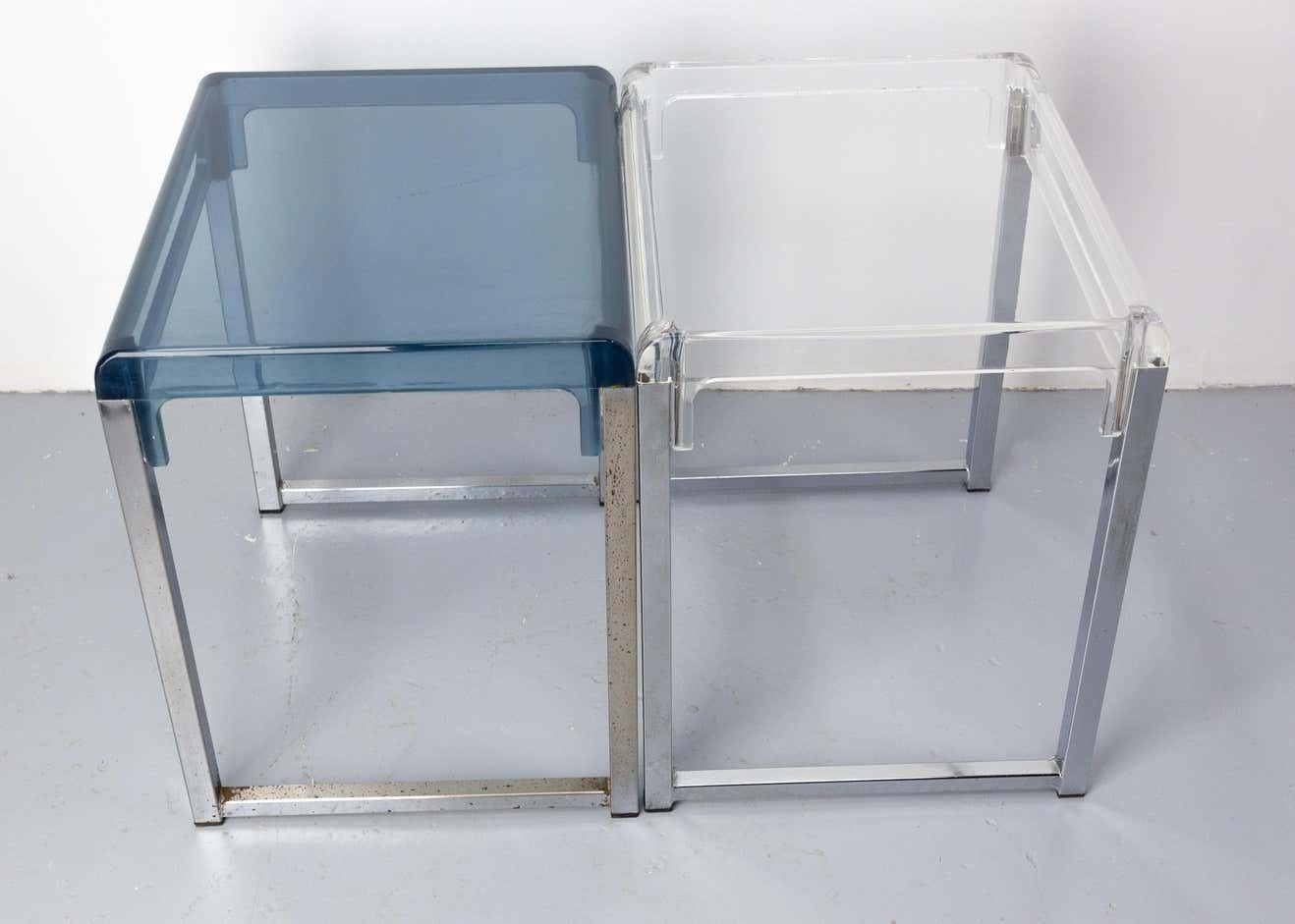 French Pair Of Polycarbonate & Chrome Coffee Table Or Nightstand Table, C. 1980 photo Furniture