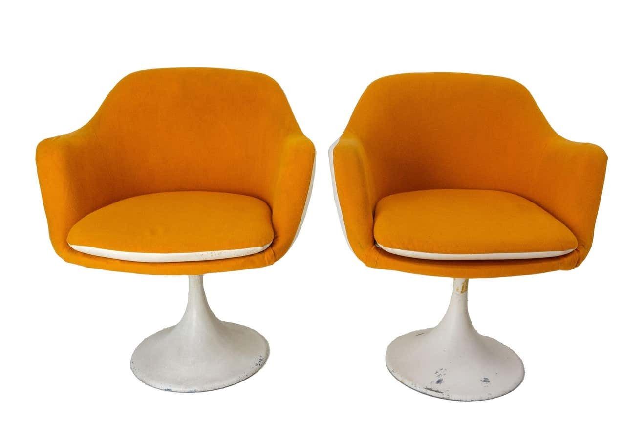 Two Mid Century French Armchairs Metal Tulip Foot With Stool To Recover photo furniture