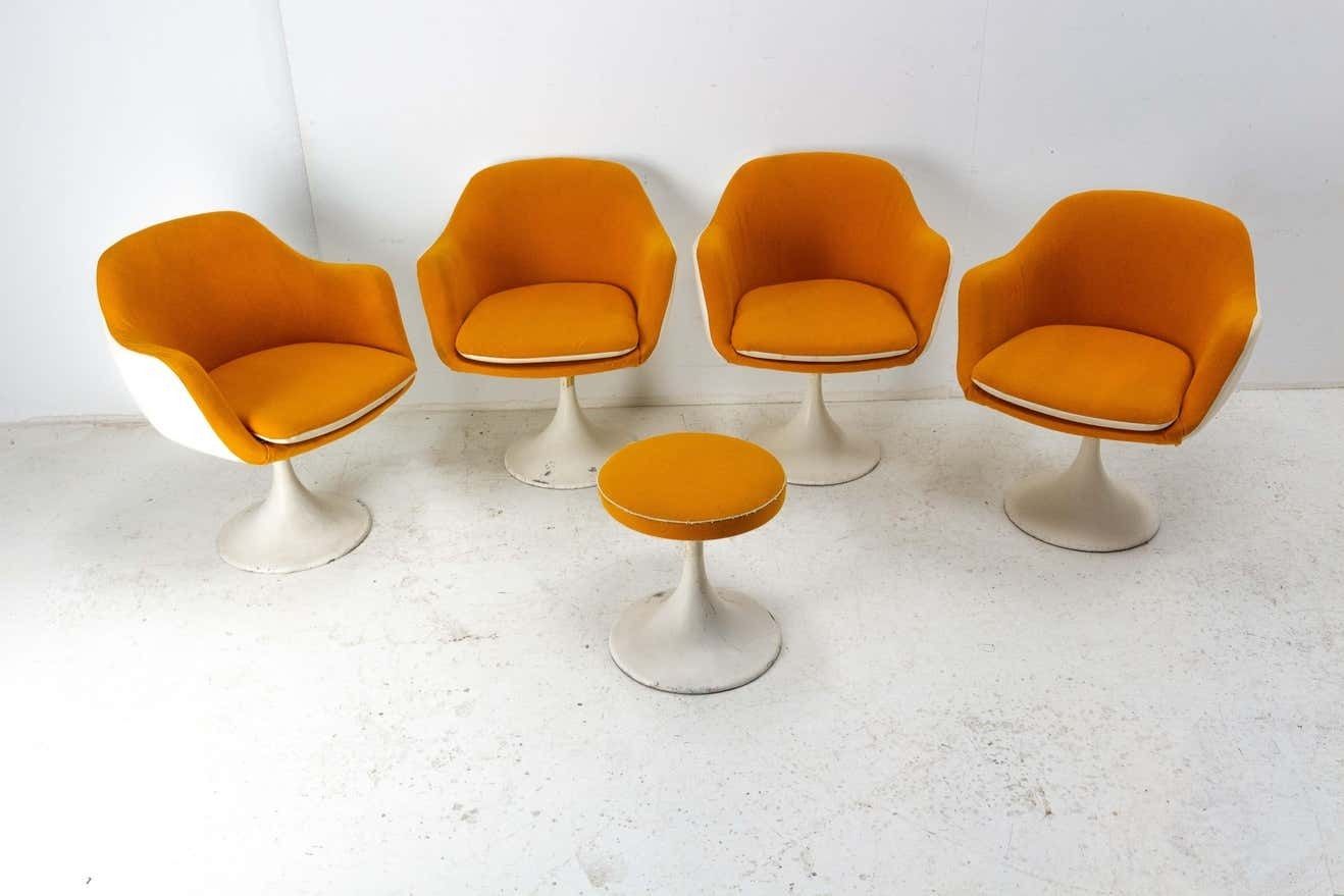 photo for sale Two Mid Century French Armchairs Metal Tulip Foot With Stool To Recover