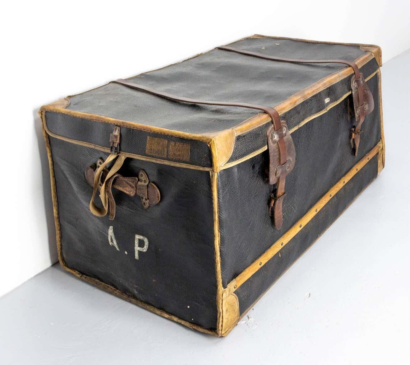 French Leather Trunk With Original Train Labels Paris To Chantilly, Late 19th C photo Furniture
