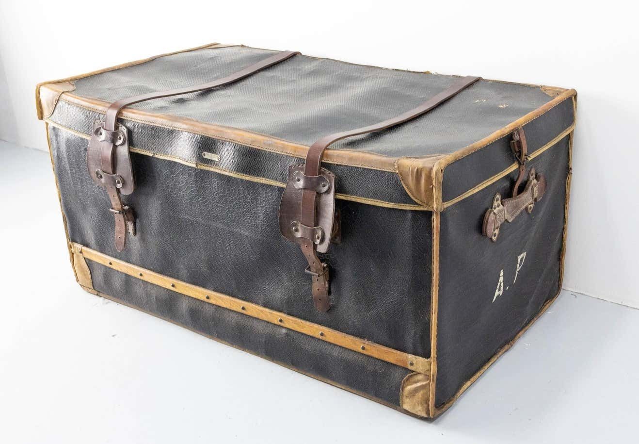 French Leather Trunk With Original Train Labels Paris To Chantilly, Late 19th C photo buy