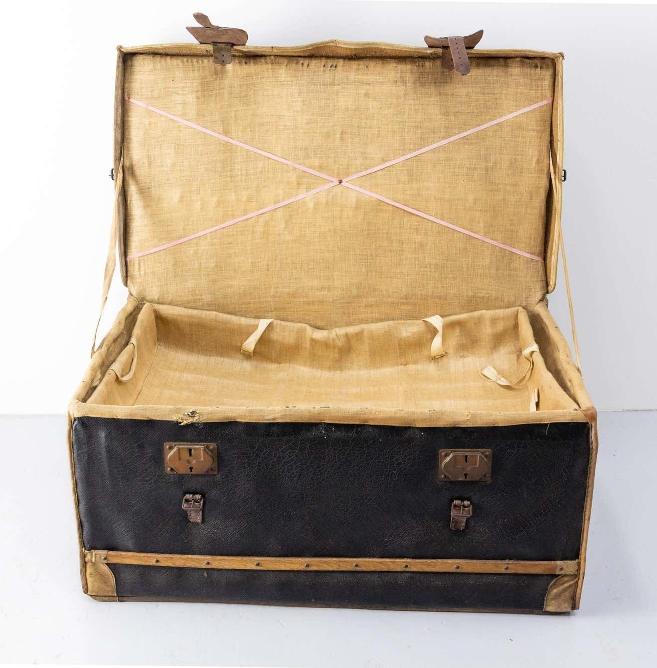 photo buy French Leather Trunk With Original Train Labels Paris To Chantilly, Late 19th C