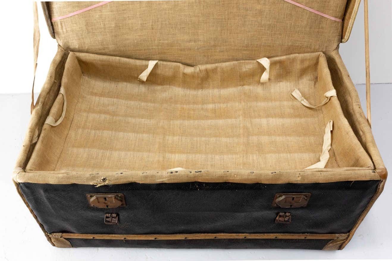 photo vintage French Leather Trunk With Original Train Labels Paris To Chantilly, Late 19th C