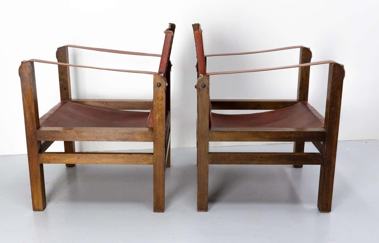 Pair Of Fauteuils Open Armchairs French Leather And Beech Safari Style, C. 1940 photo 2290.0