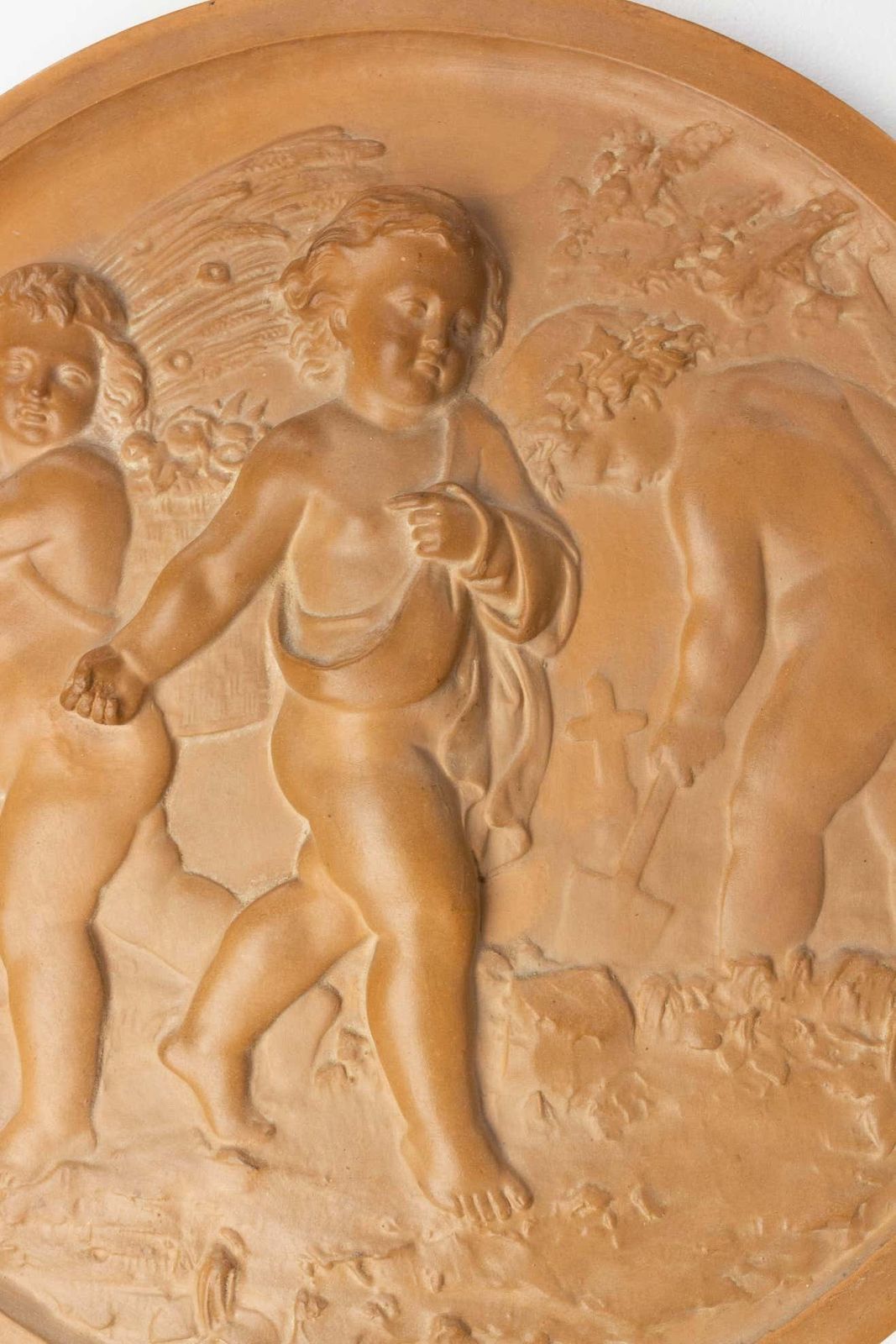 Wall Plaque Sculpture Medallion Three Putti In Agricultural Scenes, Circa 1920 photo Art