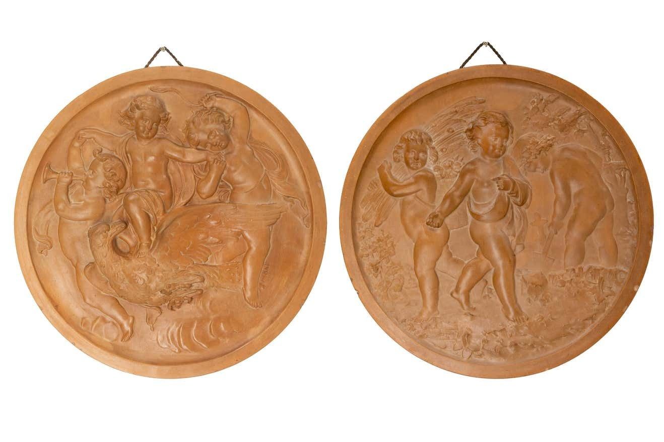 Wall Plaque Sculpture Medallion Three Putti In Agricultural Scenes, Circa 1920 photo vintage