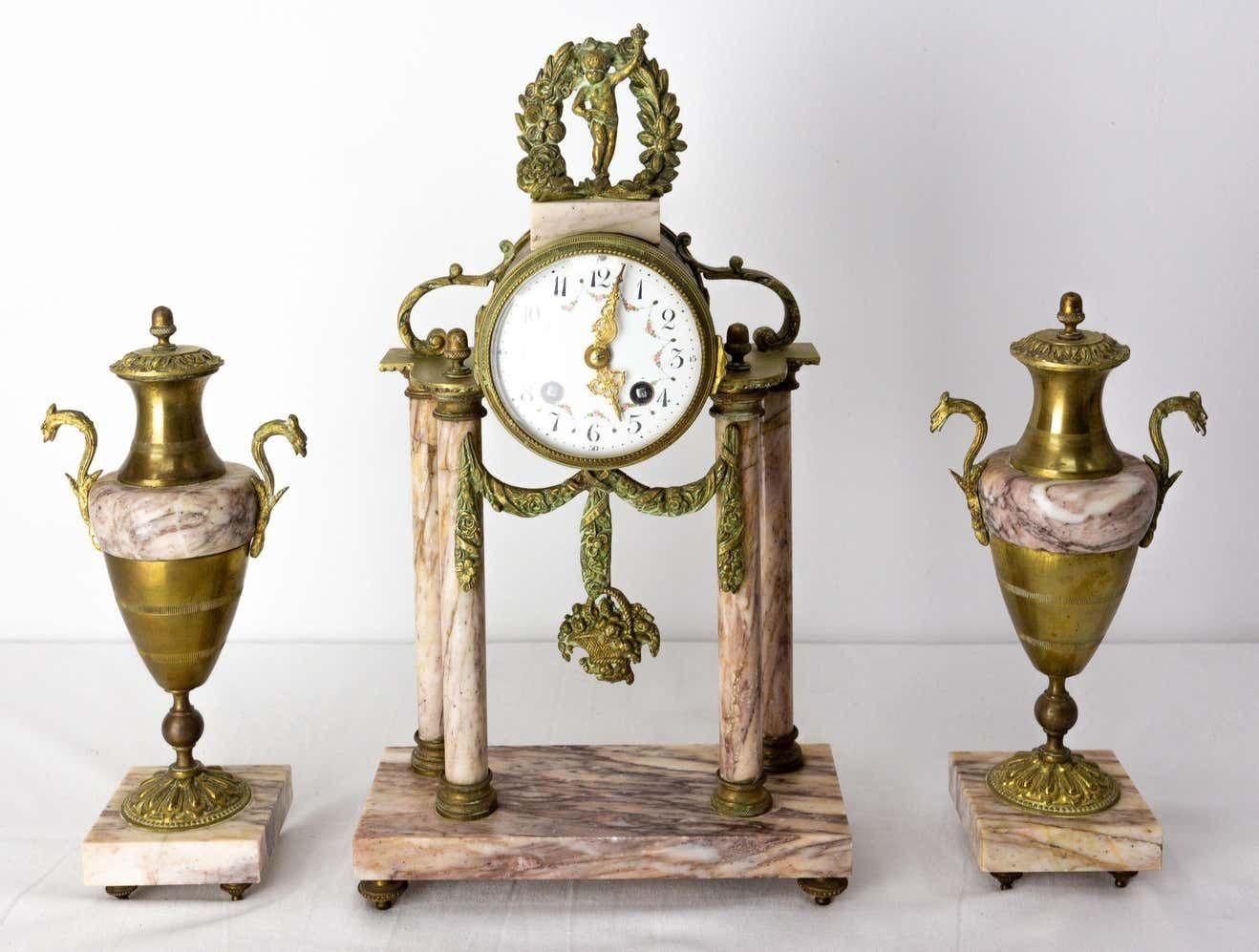 Antique French Bronze And Marble Mantel Set Clock Cherub Putti Napoleon III photo furniture