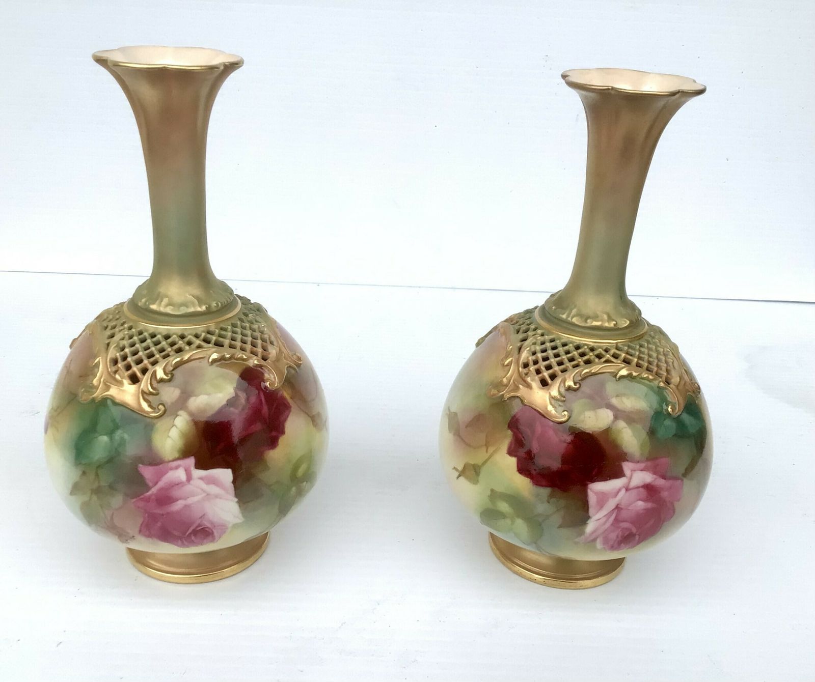 Fine Pair Of Royal Worcester Rose Painted Vases photo vintage