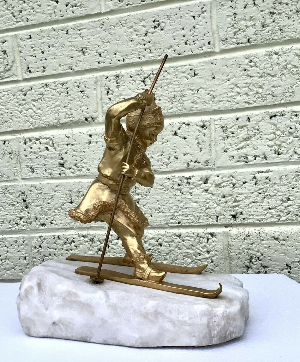 A Young Gilded Bronze Skier; Charlotte Monginot (1872 Paris   1962 Neuilly Sur Seine) photo 4750.0
