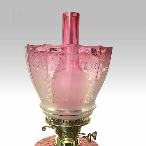 Superb Tall Antique Brass Corinthian Column Cranberry Oil Lamp photo for sale