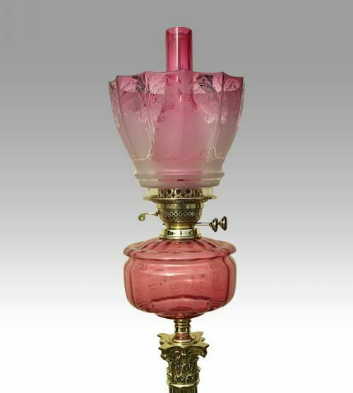 Superb Tall Antique Brass Corinthian Column Cranberry Oil Lamp photo Lighting