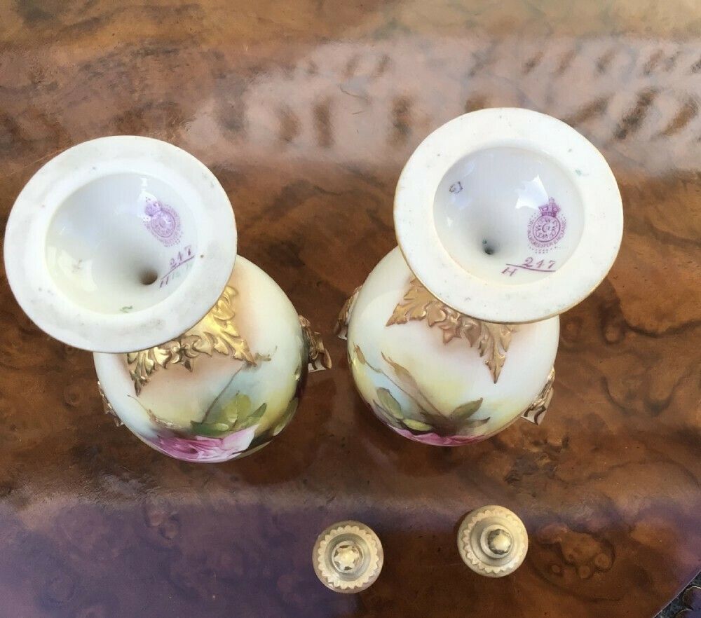Pair Of Antique Royal Worcester Vases Painted With Roses photo Home Decor