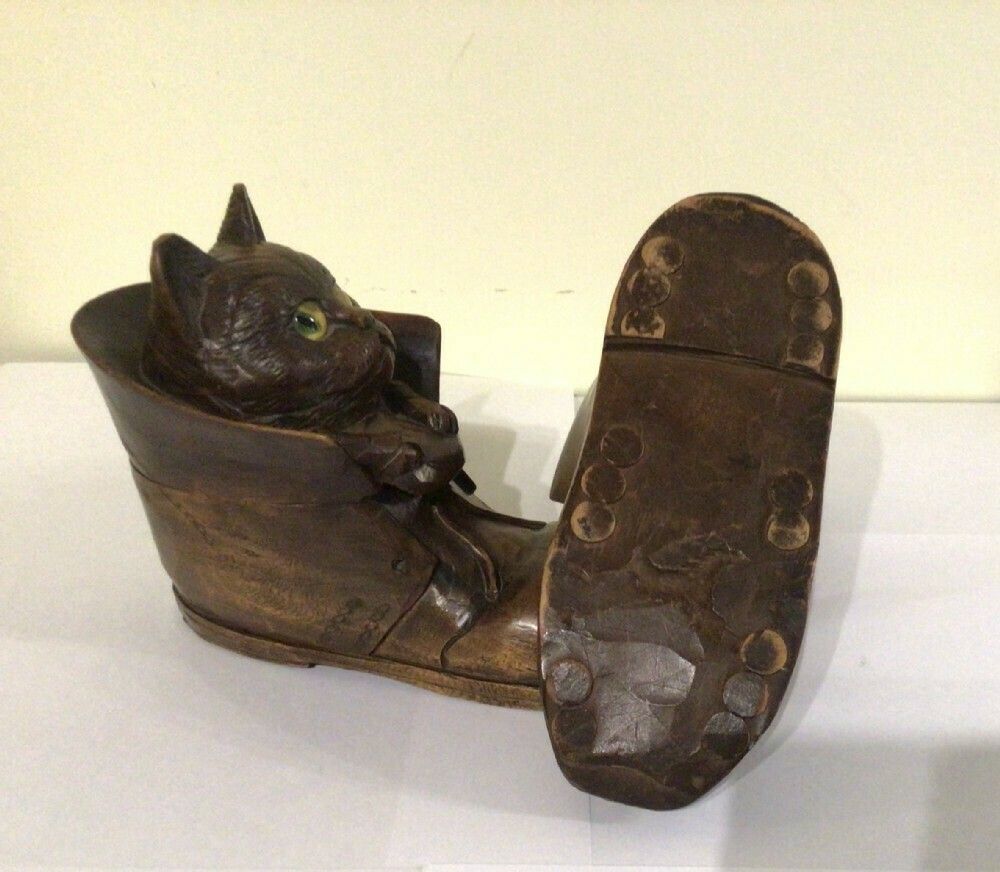 Pair Of Antique Black Forest Cat In Boot Inkwells photo Home Decor