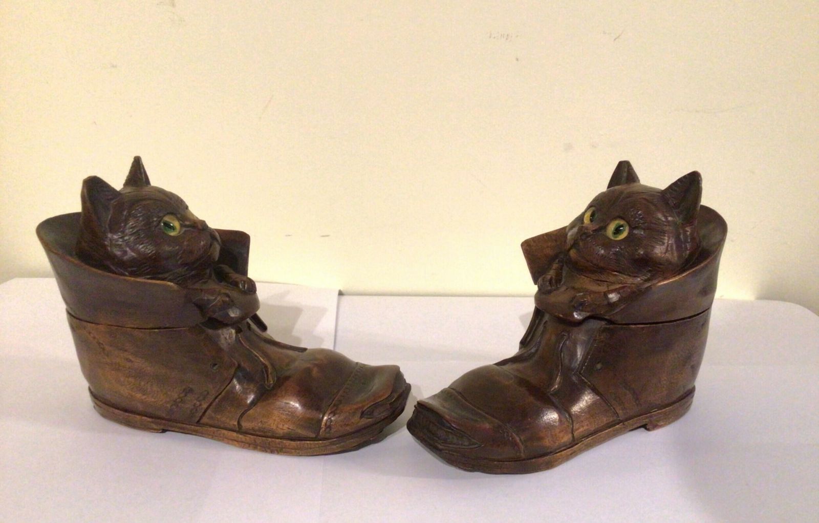 Pair Of Antique Black Forest Cat In Boot Inkwells photo vinterior