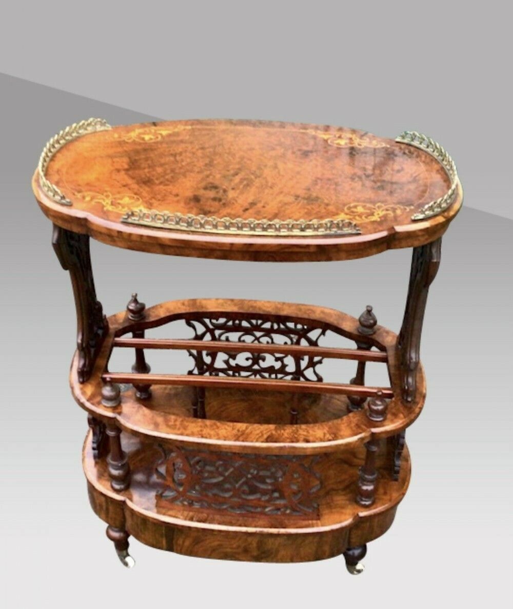 Magnificent Inlaid Burr Walnut Oval Antique Canterbury Lamp Table photo vinterior