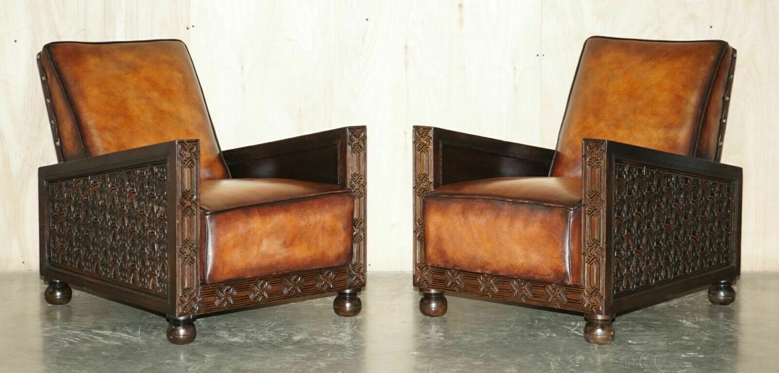 Fine Pair Of Fully Restored Antique Art Deco Armchairs Hand Carved Carved Panels