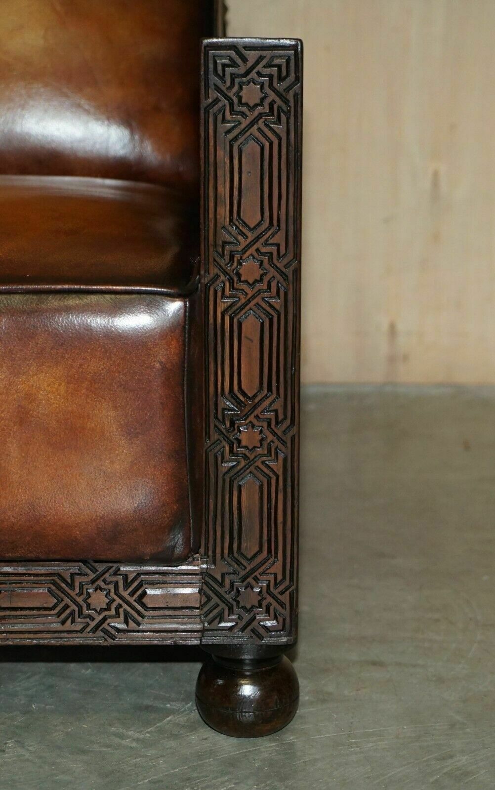 photo for sale Fine Pair Of Fully Restored Antique Art Deco Armchairs Hand Carved Carved Panels