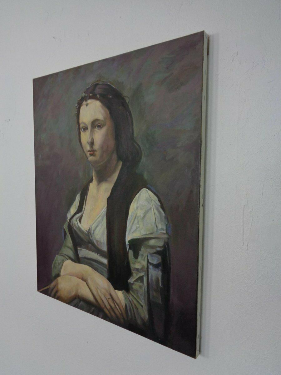 Fred Neumann After Jean Baptiste Camille Corot, The Woman With The Pearl, 1980s, Oil On Canvas photo vinterior