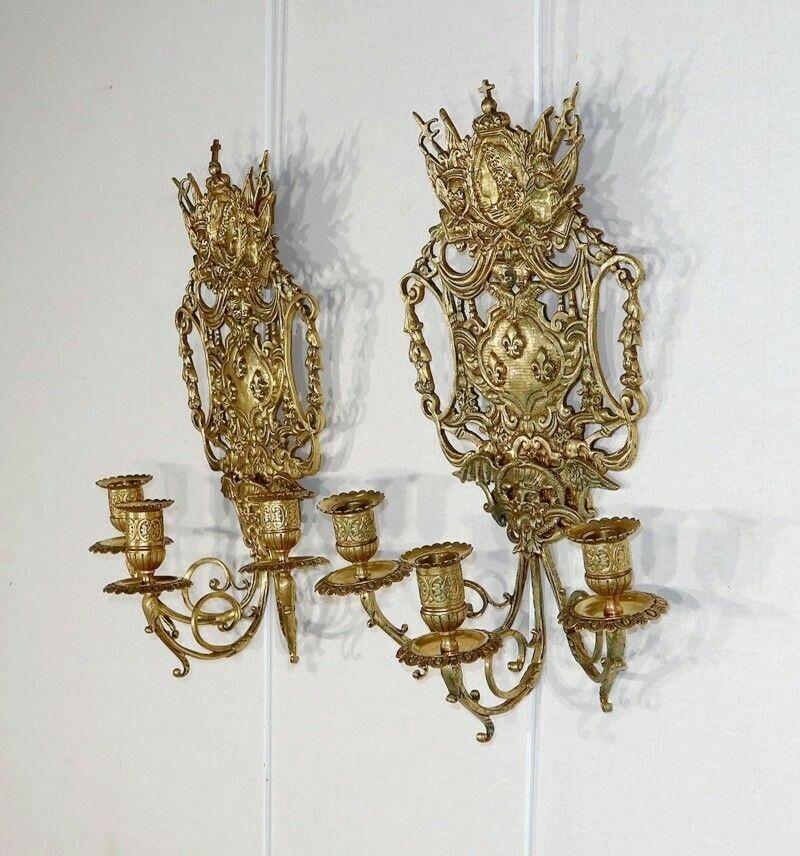 Important Pair Of Wall Lights With 3 Branches In Gilded Bronze, Napoleon III   Mid 19th Century photo for sale