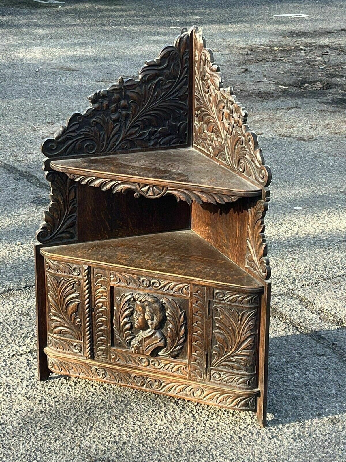 Victorian Corner Wall Cabinet, In Oak With Fine Carved Figure And Decoration. photo for sale