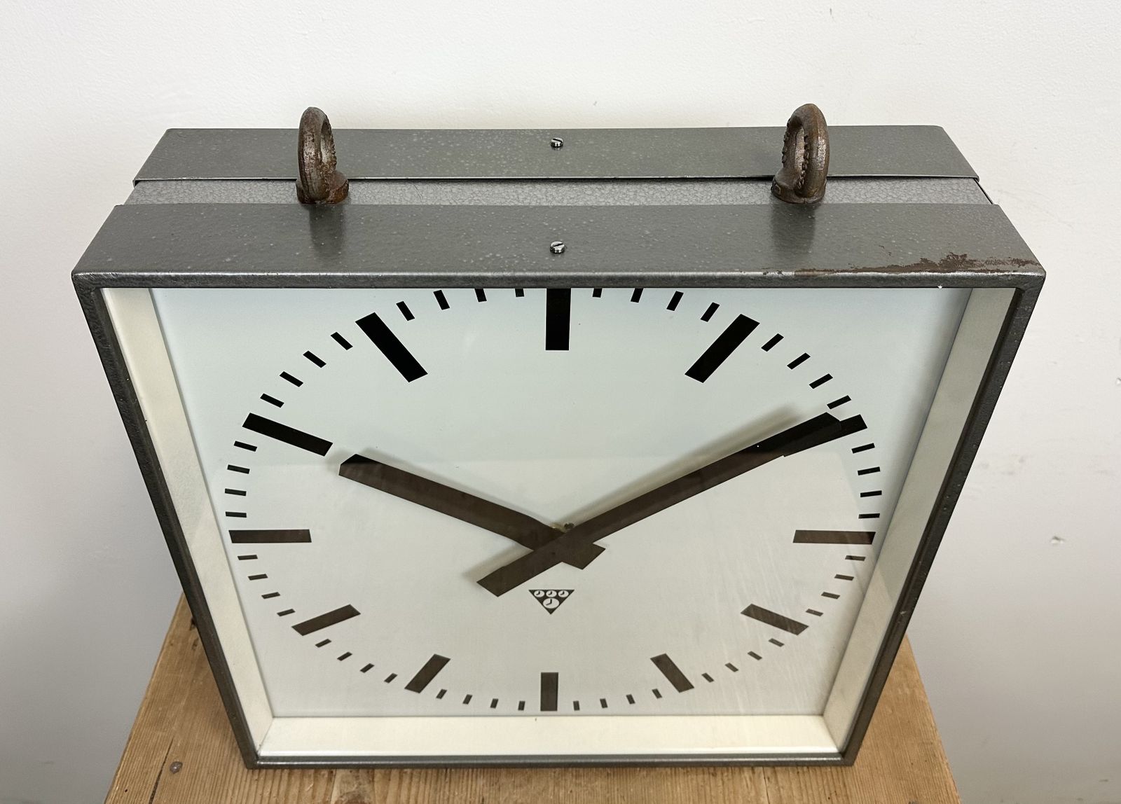 Large Square Industrial Double Sided Factory Hanging Clock From Pragotron, 1970s, 4x photo Home Decor