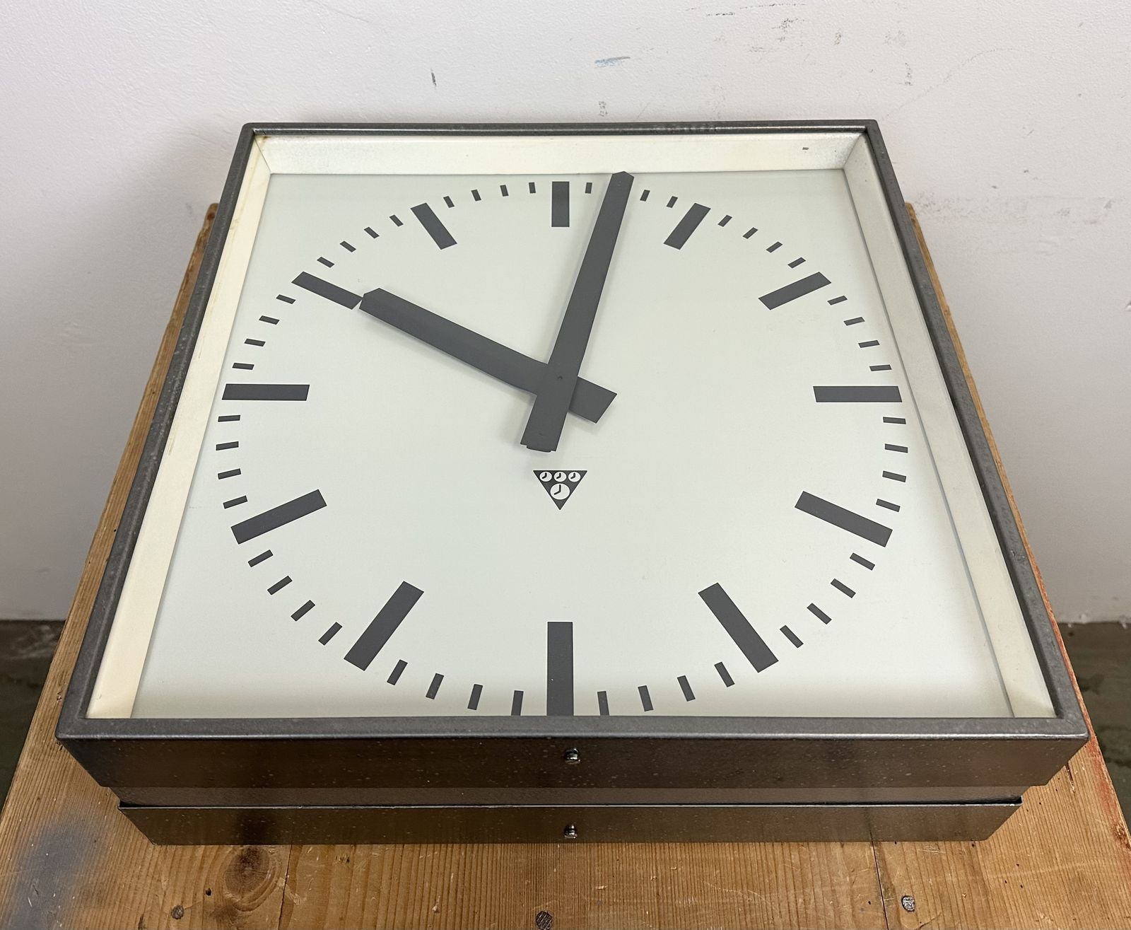 photo vinterior Large Square Industrial Double Sided Factory Hanging Clock From Pragotron, 1970s, 4x