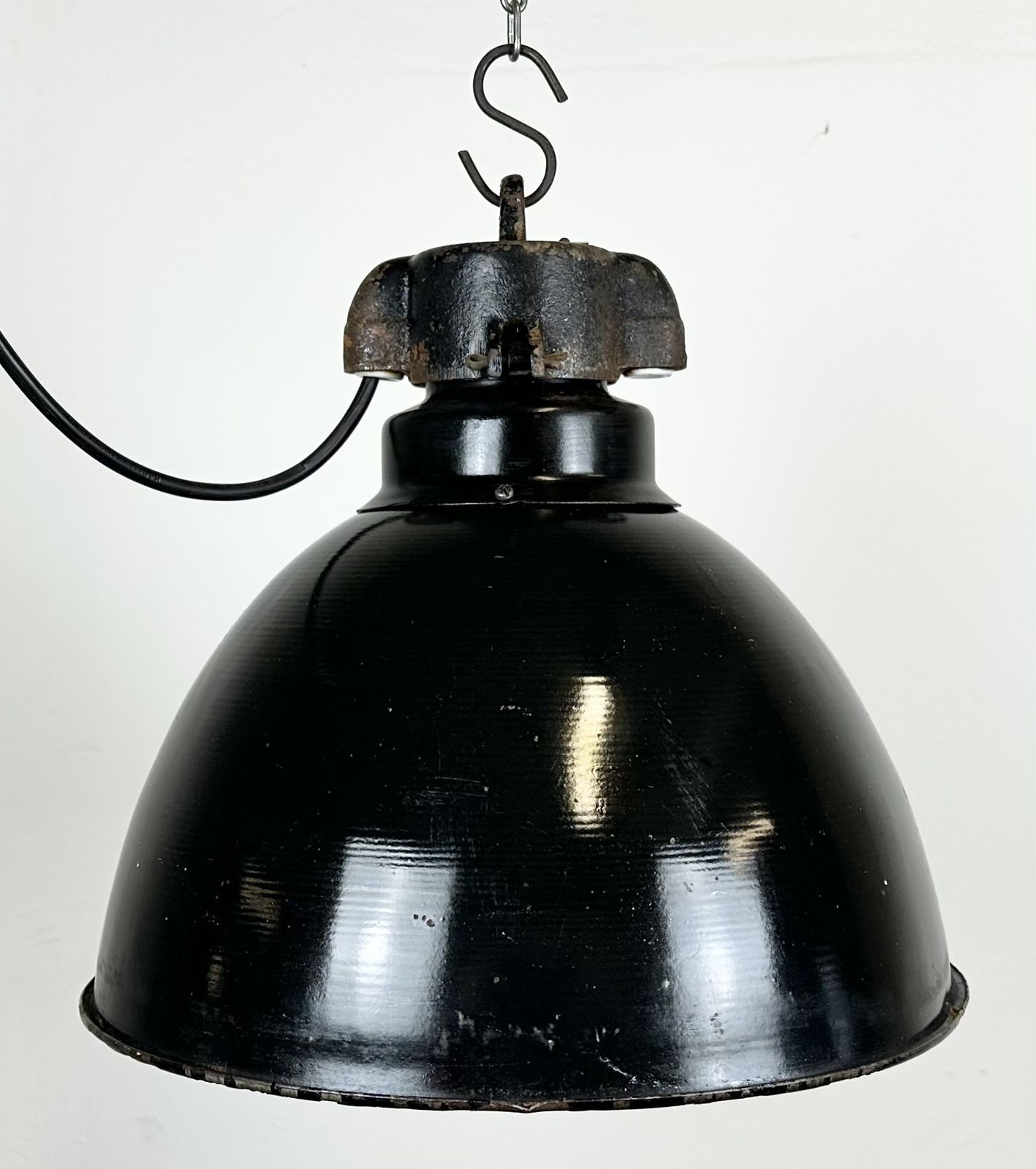photo for sale Bauhaus Black Enamel Factory Pendant Lamp, 1930s