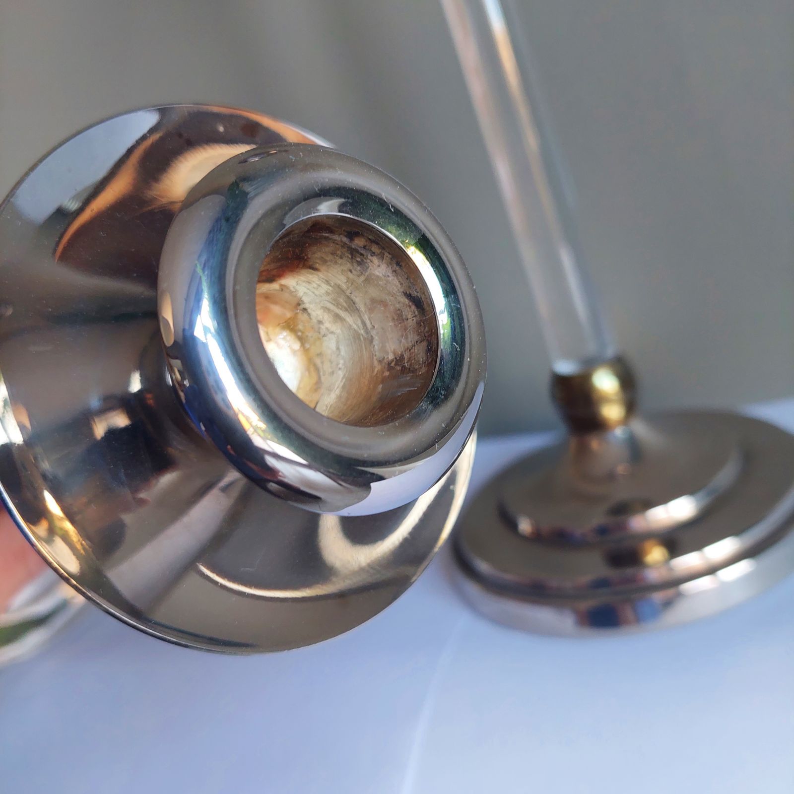 photo vinterior Mid Century Estrid Ericson Pair Of Brass And Plexiglass Candlesticks, Circa 1960
