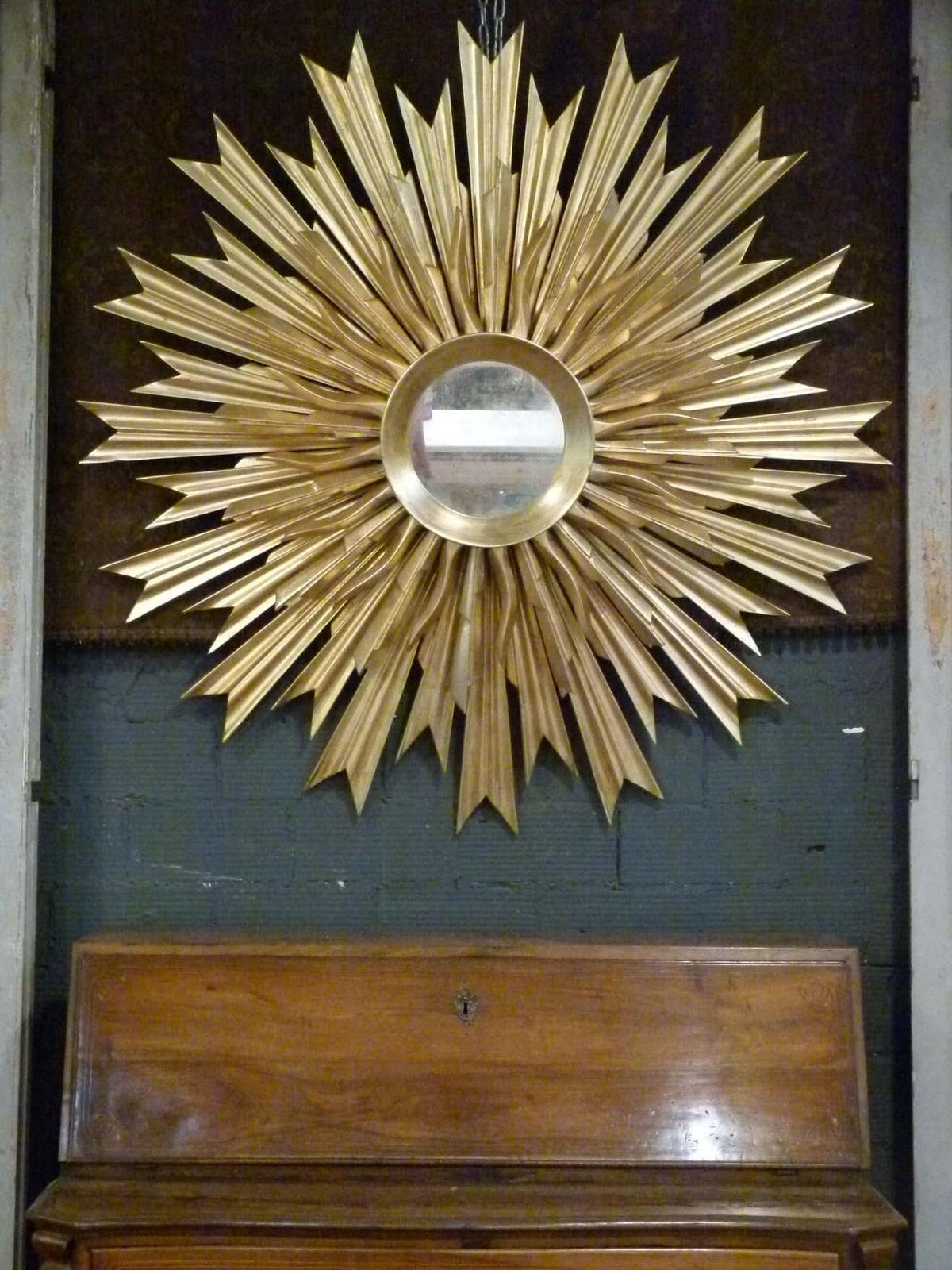 Large Mid Century Three Layered Gold Wood Sunburst Wall Mirror. photo for sale