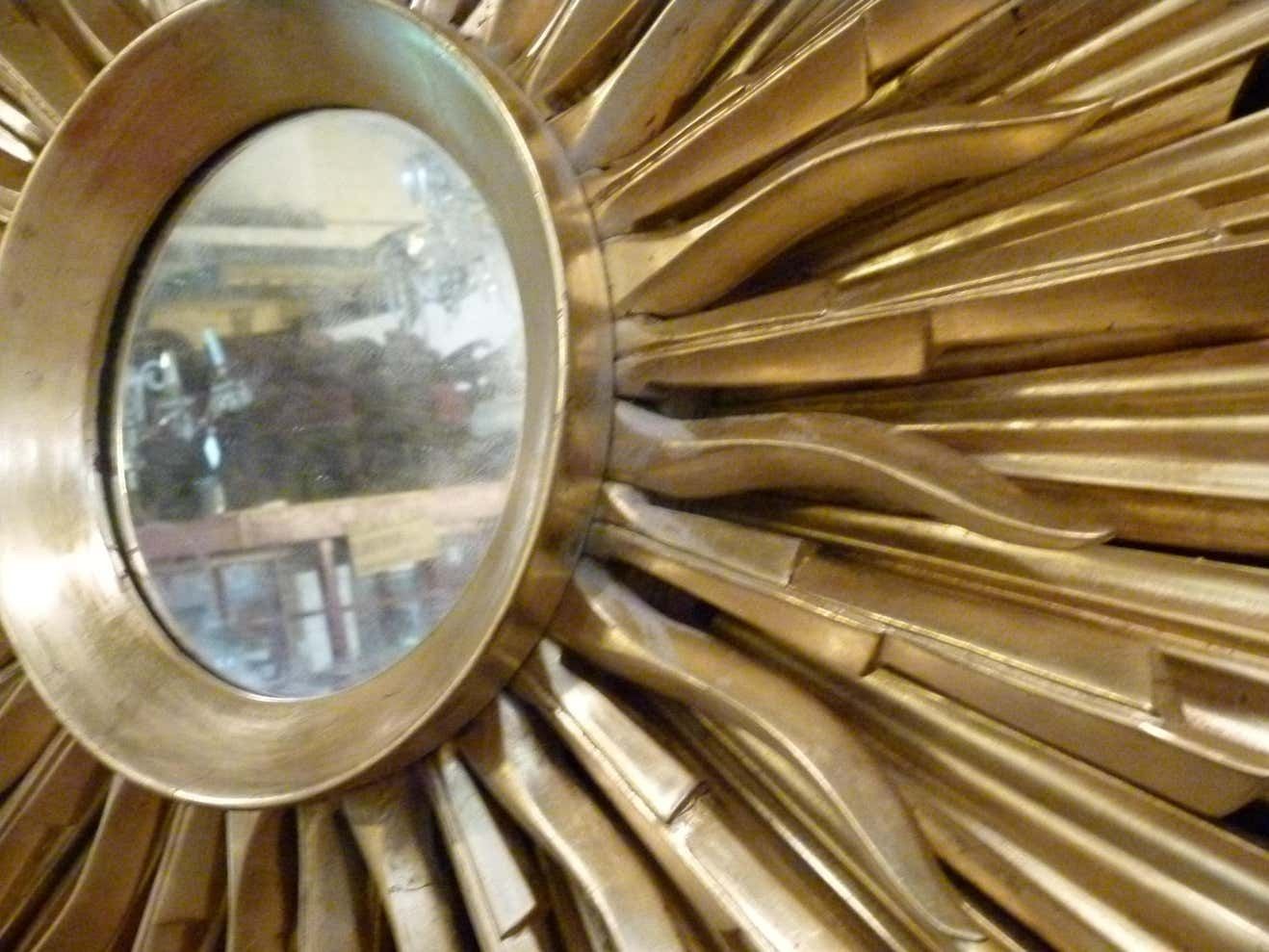 Large Mid Century Three Layered Gold Wood Sunburst Wall Mirror. photo 4303.0