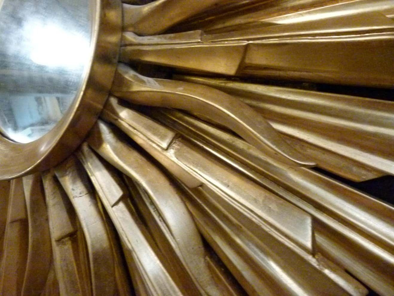 Large Mid Century Three Layered Gold Wood Sunburst Wall Mirror. photo buy