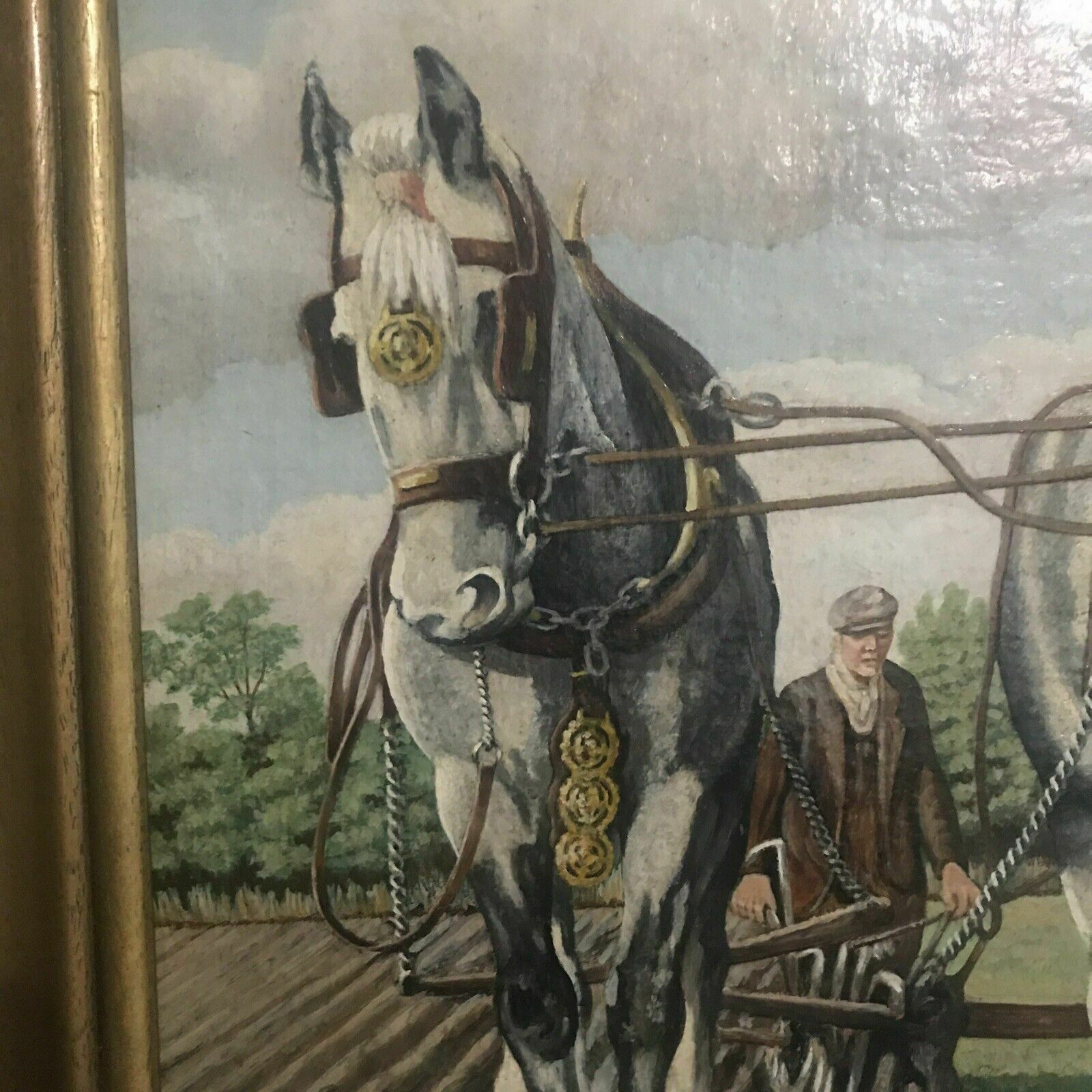 A Wynne Rogers Original Oil Painting Shire Horses Ploughman 1960s Canvas/Board photo furniture