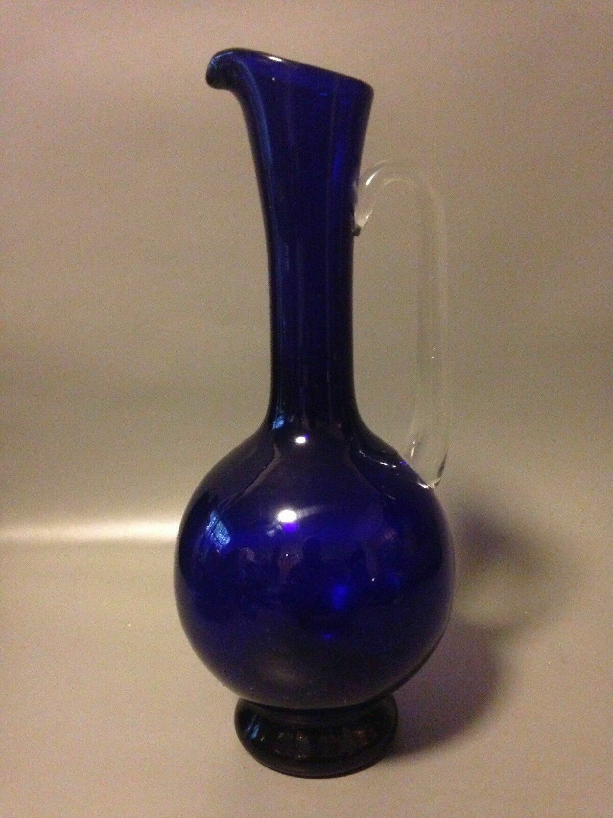 Mid Century Cobalt Blue Art Glass Carafe Water Jug Decanter Applied Handle