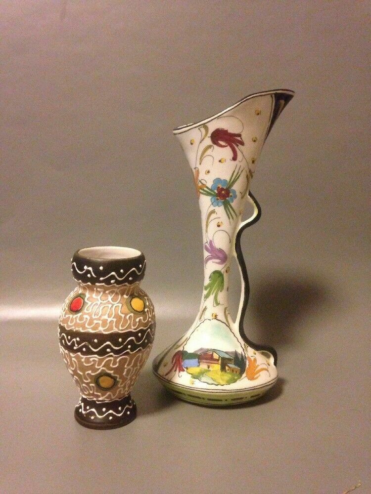2x Vintage Mid Century Italian Studio Pottery Vases Enamel Fratelli photo furniture