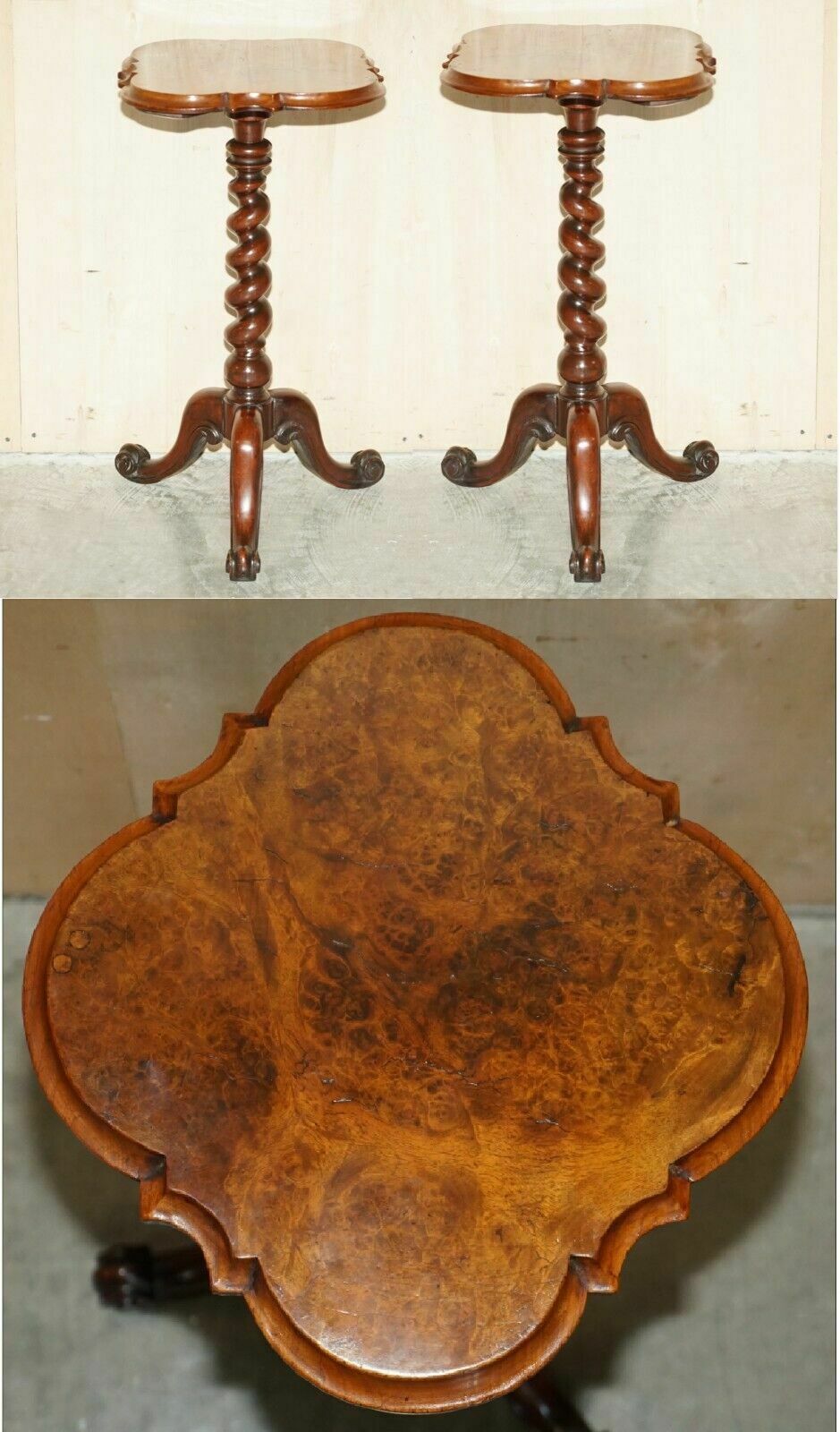 Pair Of Restored Victorian Burr Walnut Tripod Side End Lamp Tables Circa 1860