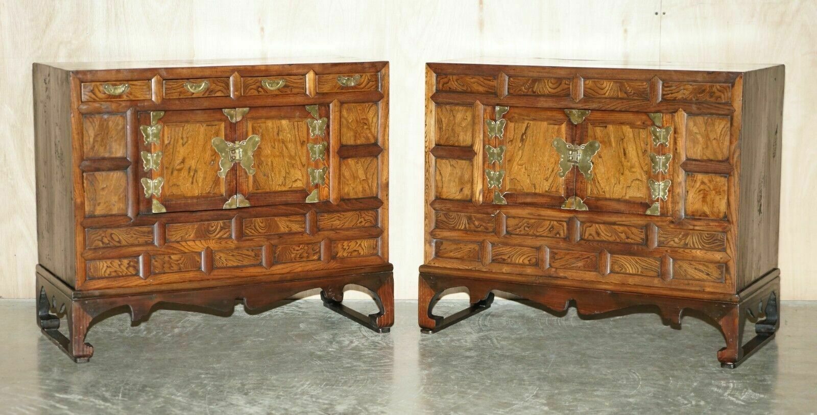 Pair Of Vintage Circa 1950's Asian Korean Scholars Side Table Chests Inc Drawers