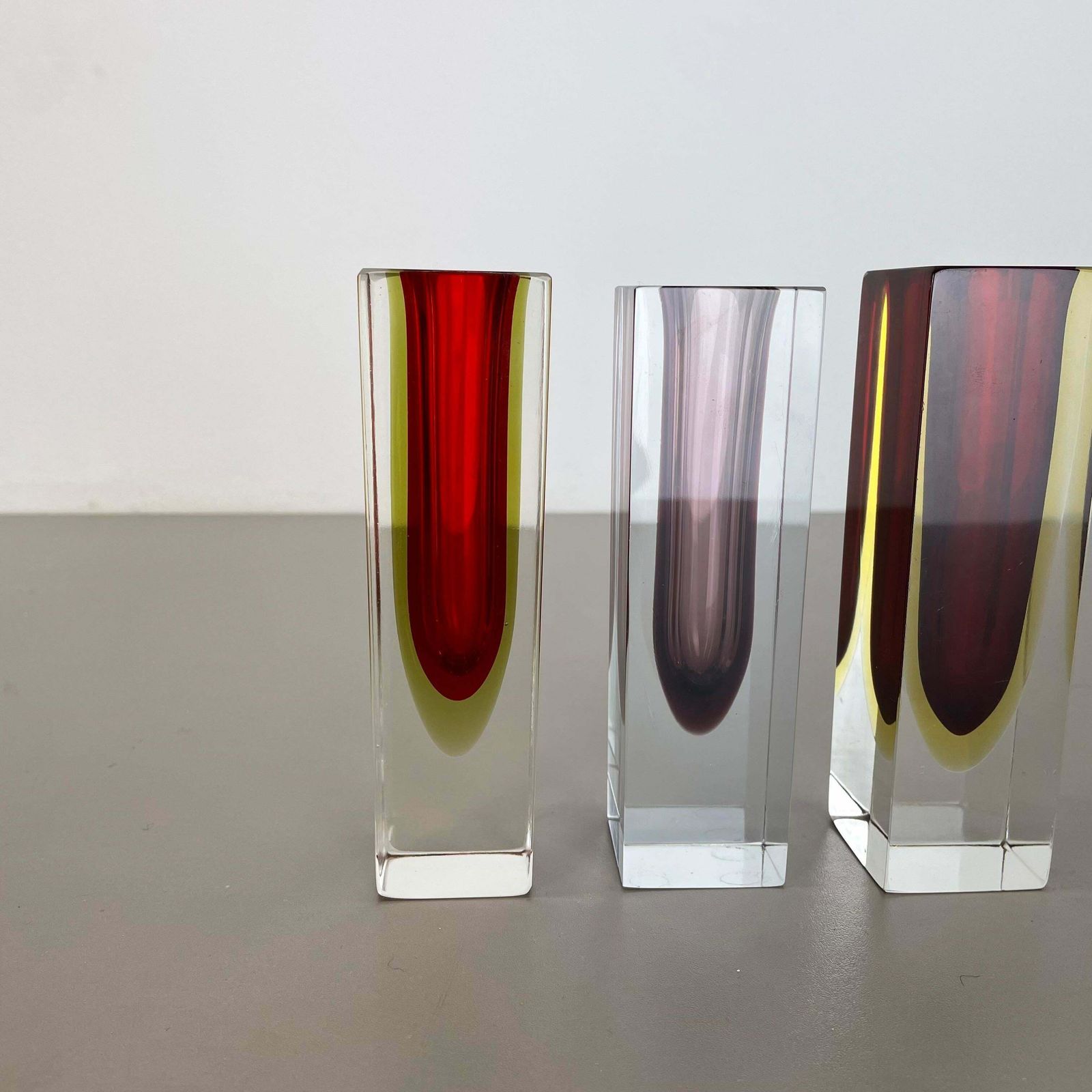 Rare Set Of 3 Multicolour Faceted Murano Glass Sommerso Cube Vases, Italy, 1970s photo for sale