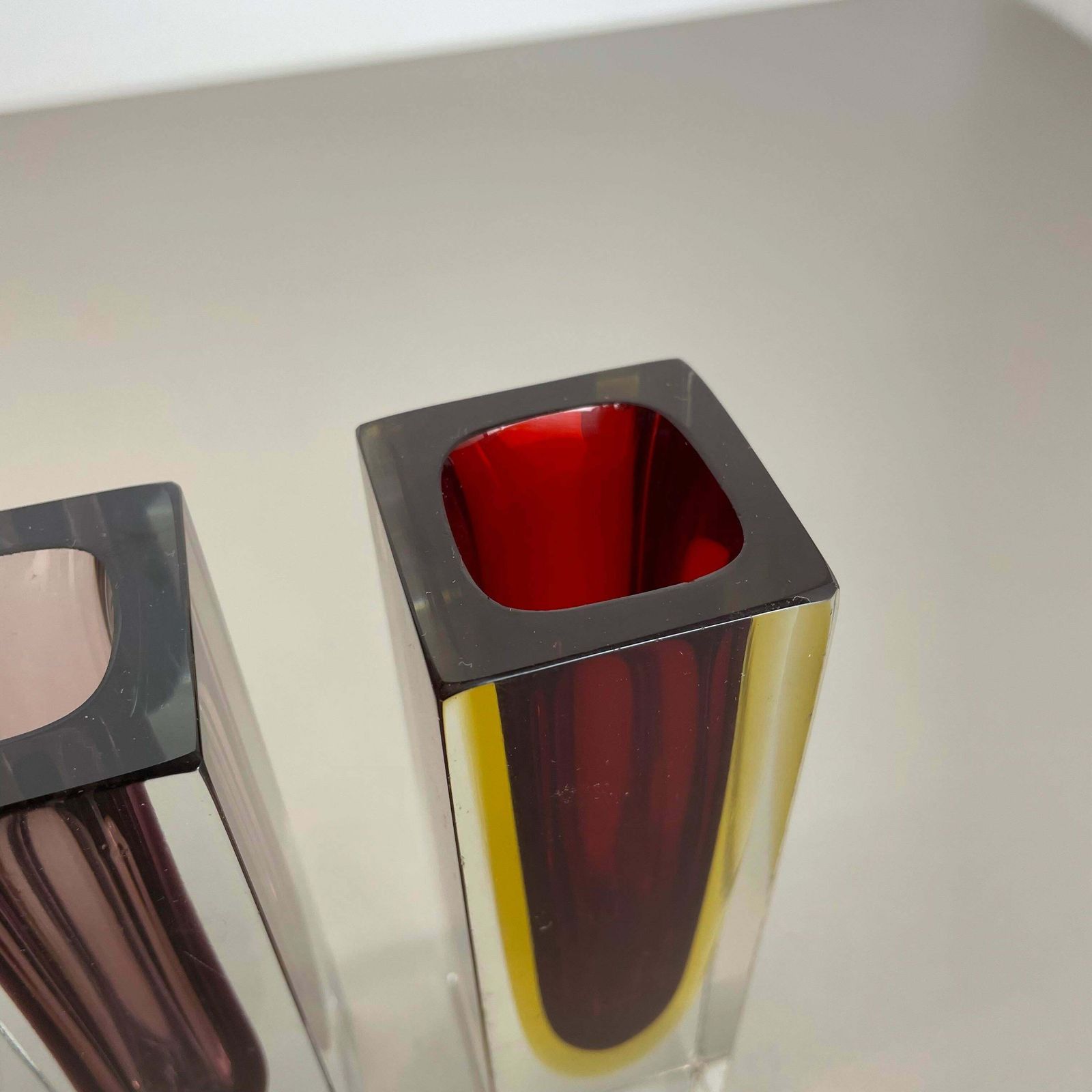 photo for sale Rare Set Of 3 Multicolour Faceted Murano Glass Sommerso Cube Vases, Italy, 1970s