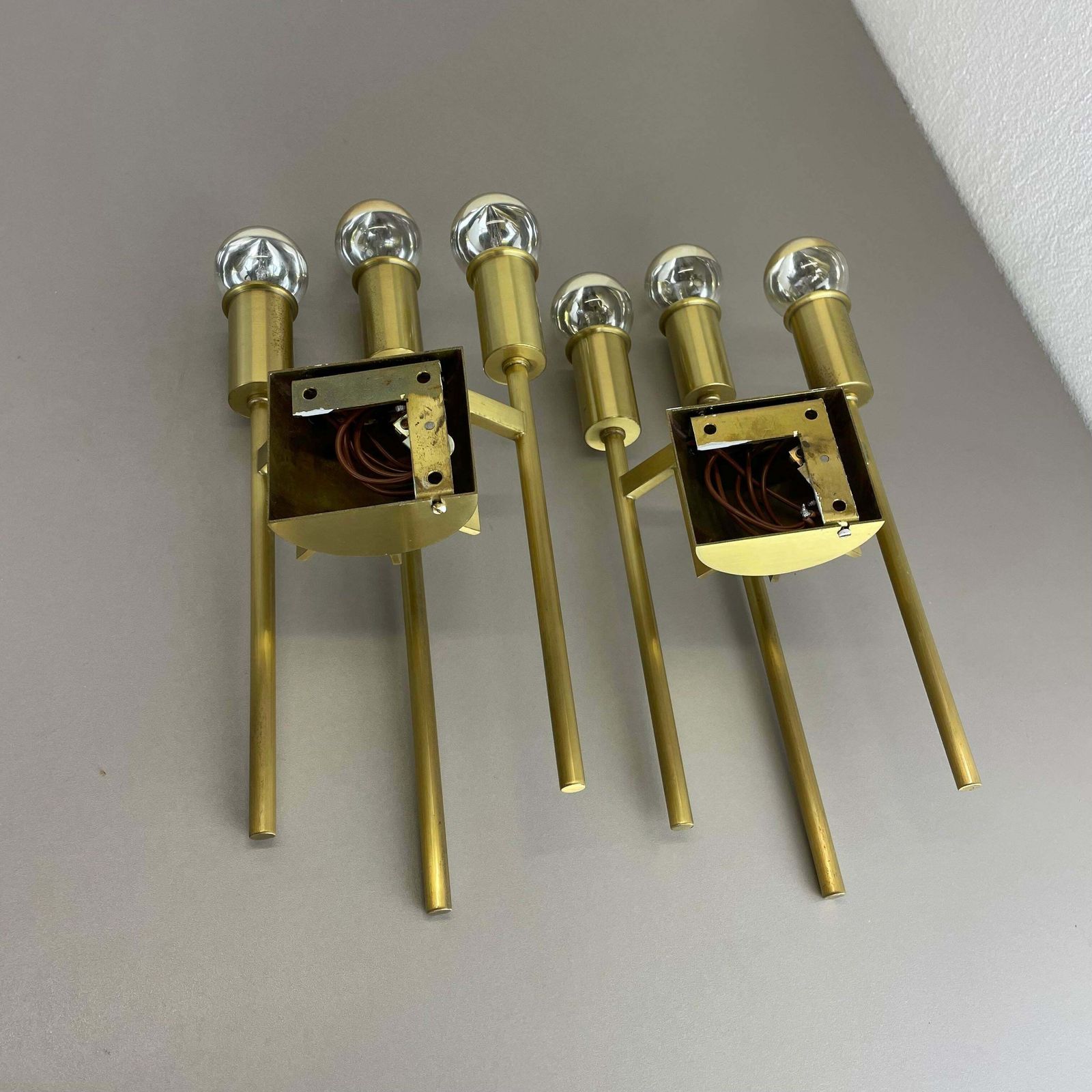 photo vinterior Set Of 2 Brass Italian Stilnovo Style Theatre Wall Light Sconces, Italy, 1970