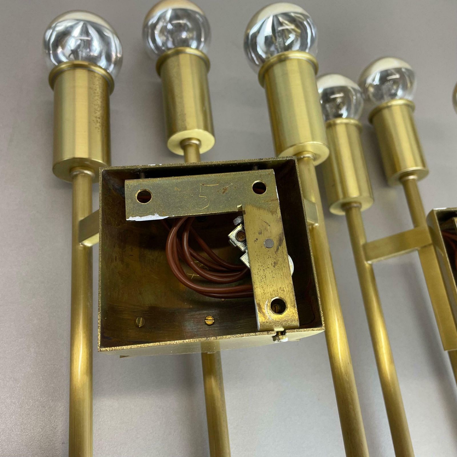 photo buy Set Of 2 Brass Italian Stilnovo Style Theatre Wall Light Sconces, Italy, 1970