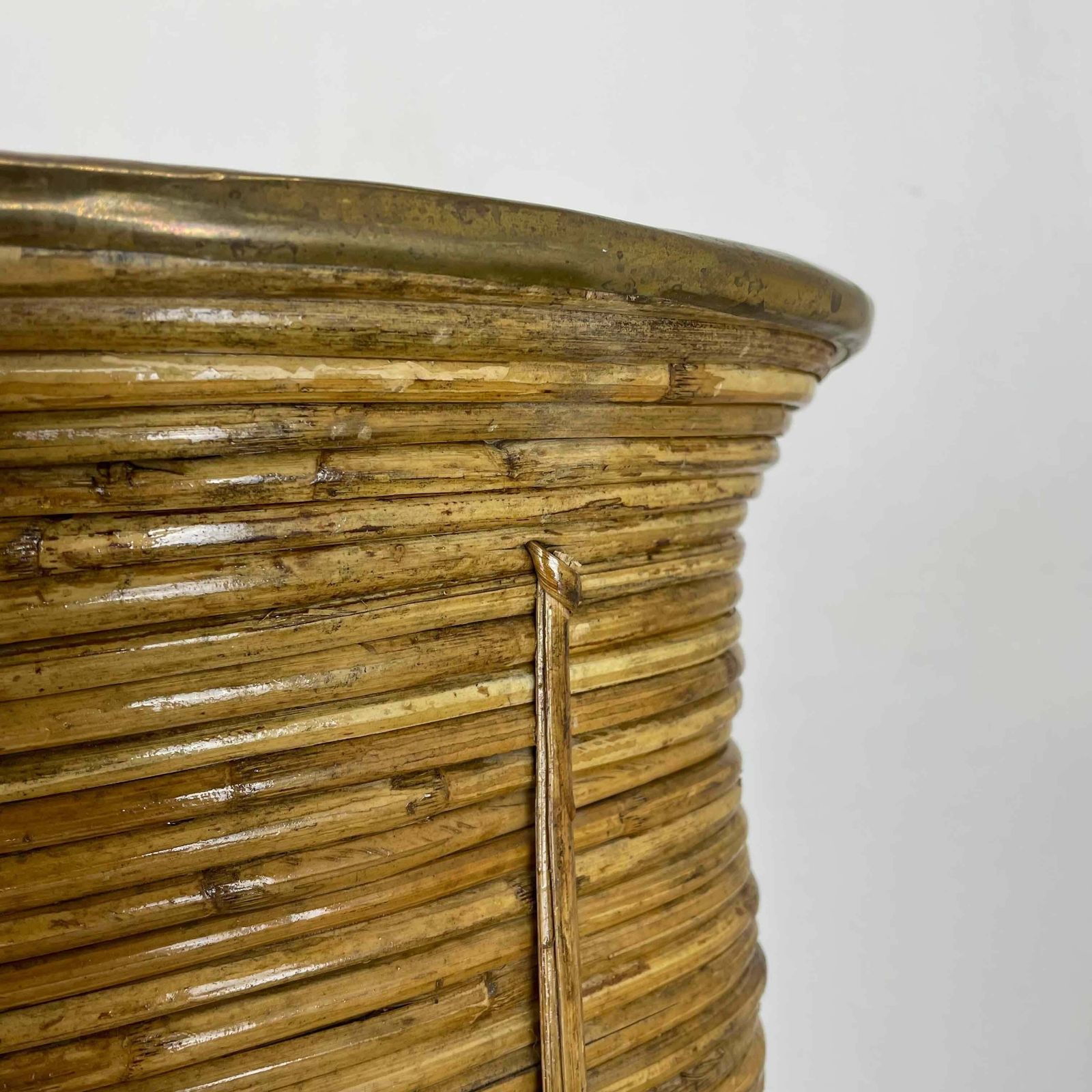 Aubock Style Rattan And Brass Bauhaus Waste Bin, Umbrella Stand, France, 1960s photo buy