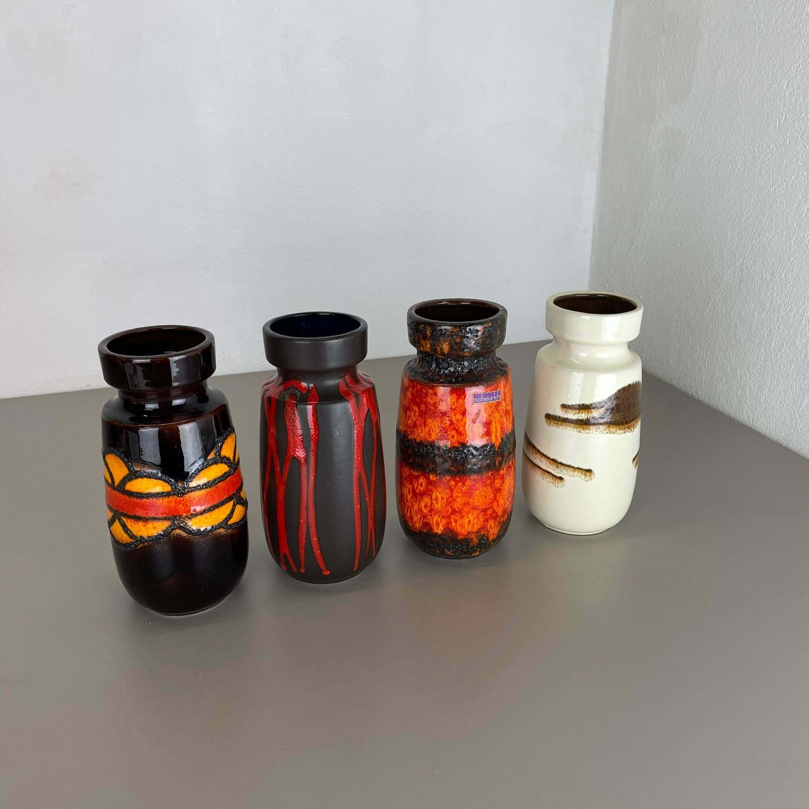 Set Of Four Vintage Pottery Fat Lava Vases Made By Scheurich, Germany, 1970s photo for sale